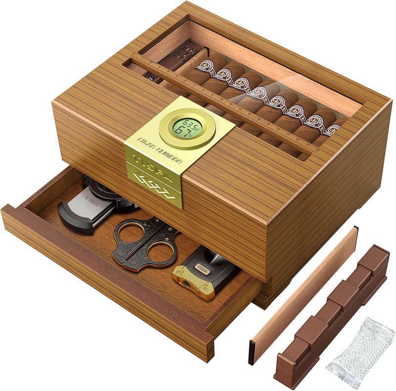 TISFA Cigar Box Handcrafted Humidor with Hygrometer and Humidifier, Cedar Wooden Humidor Case with Drawer, Divider, Cigar Length Gauge, Desktop Humidor Box Gifts Cigar Accessories (Light) - Image 1